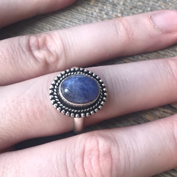 Sterling silver plated light blue sodalite gemstone cocktail ring oval boho - Picture 7 of 11